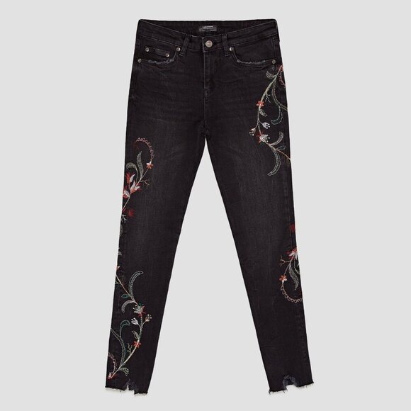 Zara THE SKINNY JEANS WITH FLORAL EMBROIDERY size US 12 - Picture 1 of 8